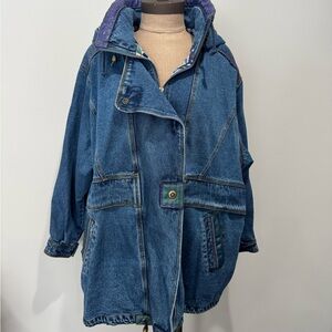 Vintage XL Current Seen Denim Jacket Women Southwestern Aztek Tribal Long 80s 90